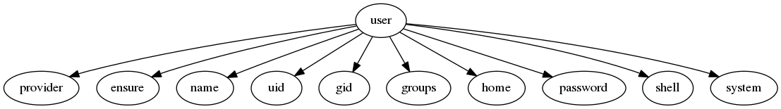 digraph user {
    user -> provider;
    user -> ensure;
    user -> name;
    user -> uid;
    user -> gid;
    user -> groups;
    user -> home;
    user -> password;
    user -> shell;
    user -> system;
}
